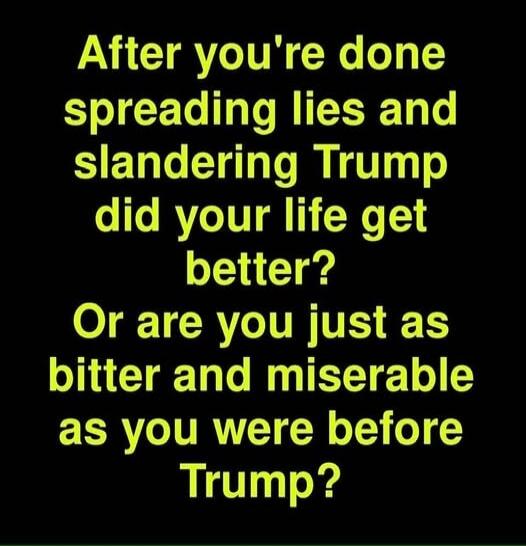 After you're done spreading lies and slandering Trump did your life get better? Or are you just as bitter and miserable as you were before Trump?