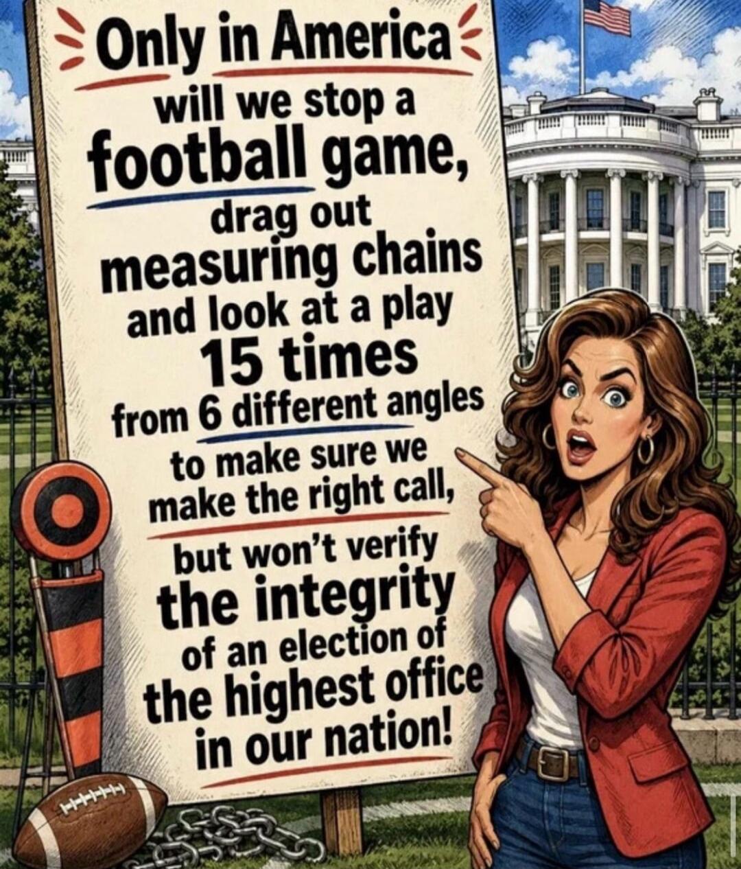 Only in America will we stop a football game, drag out measuring chains and look at a play 15 times from 6 different angles to make sure we make the right call, but won't verify the integrity of an election of the highest office in our nation!