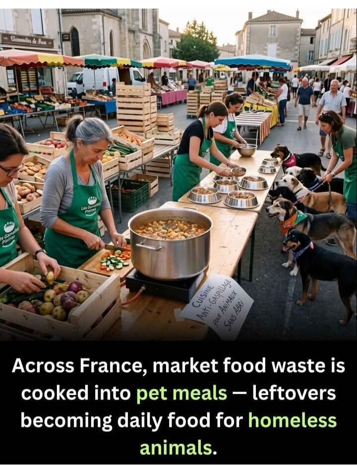 Across France, market food waste is cooked into pet meals — leftovers becoming daily food for homeless animals. CUISINE ANTI-GASPILLAGE POUR ANIMAUX SANS ABRI. Les Gamelles Pleines.