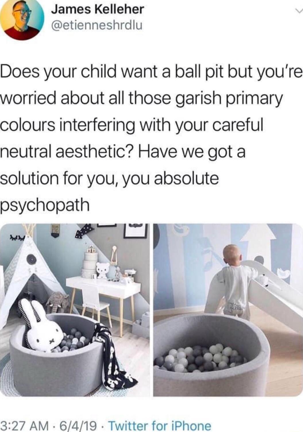 b James Kelleher etienneshrdlu Does your child want a ball pit but youre worried about all those garish primary colours interfering with your careful neutral aesthetic Have we got a solution for you you absolute psychopath v rav 327 AM 6419 Twitter for iPhone