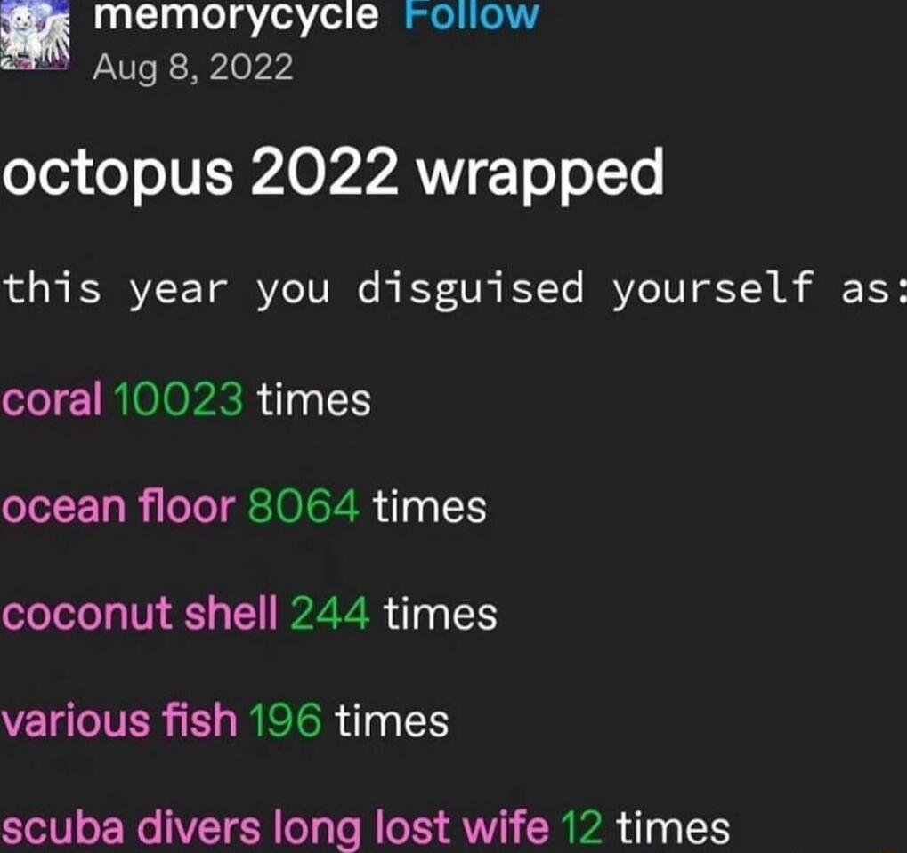 memorycycie oliow Aug 8 2022 o703 o oIV SWA O ANV 1 o o 1Yo o R ESRVZ F TG VZe TR K Vi KYTe RRVICTVTCT B coral 10023 times ocean floor 8064 times coconut shell 244 times VEIIVER I RICTOR i1y scuba divers long lost wife 12 times