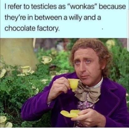 refer to testicles as wonkas because theyre in between a willy and a chocolate factory v L