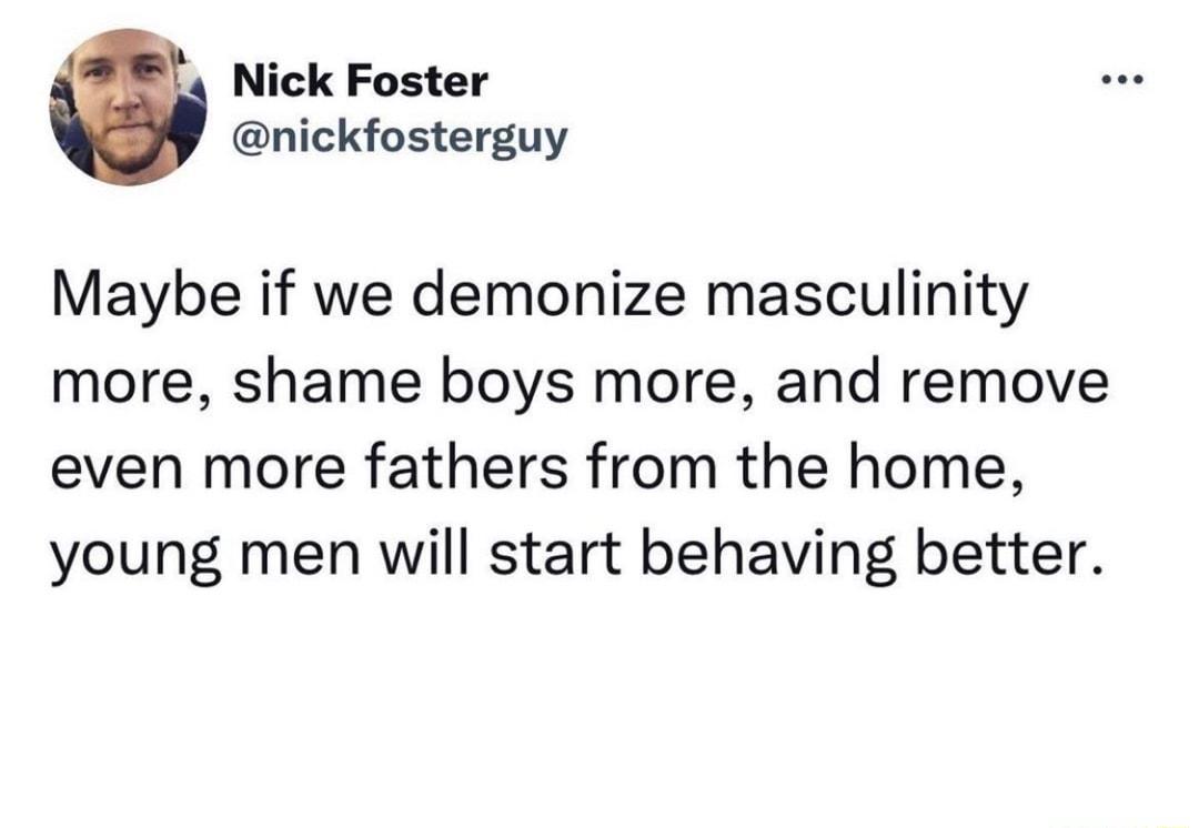 b Nick Foster nickfosterguy Maybe if we demonize masculinity more shame boys more and remove even more fathers from the home young men will start behaving better