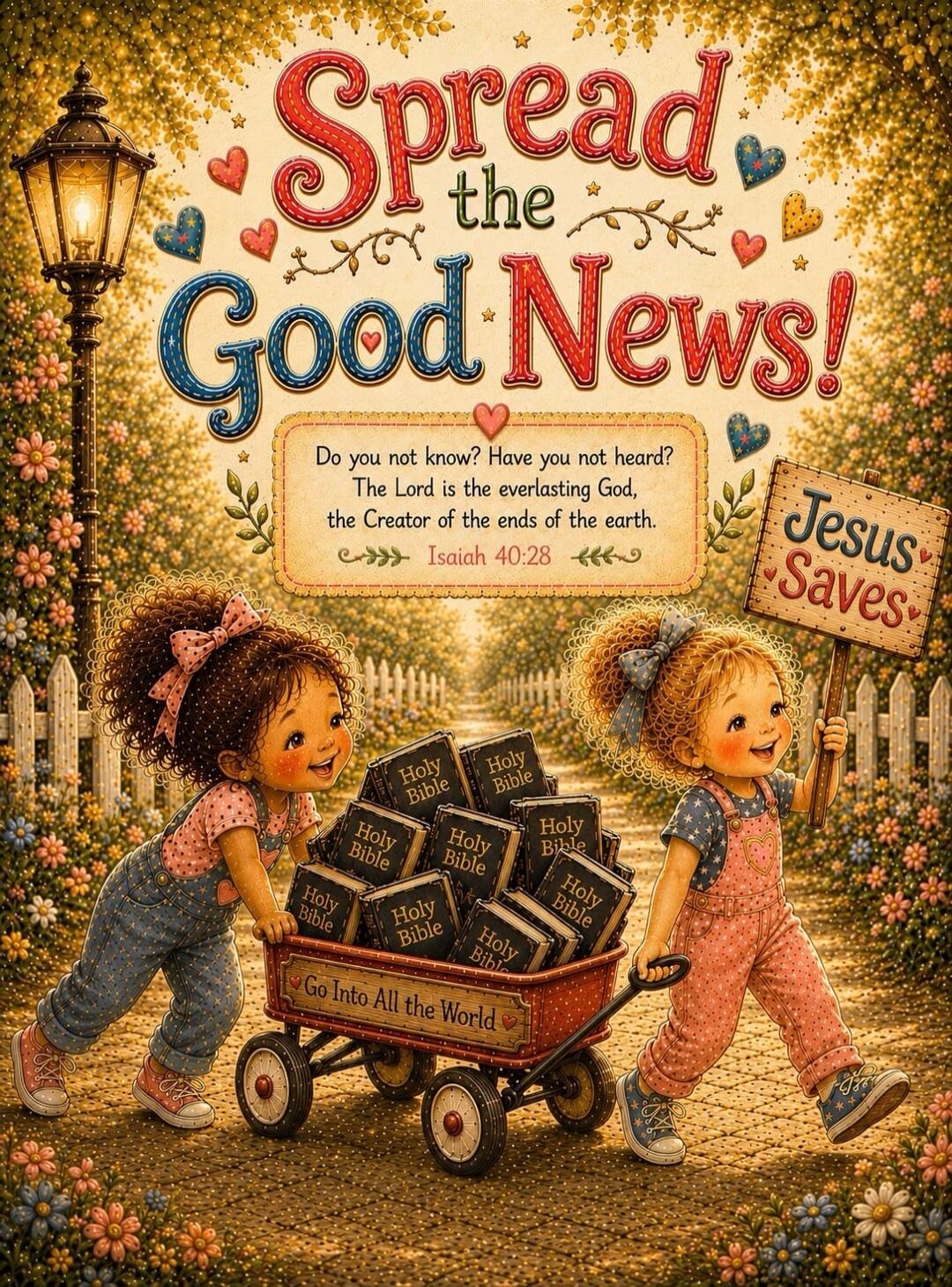 Spread the Good News! Do you not know? Have you not heard? The Lord is the everlasting God, the Creator of the ends of the earth. Isaiah 40:28 Jesus Saves Holy Bible Go Into All the World