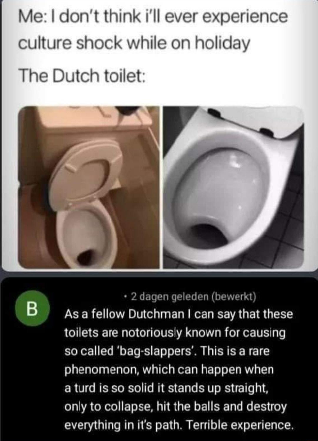 Me dont think ill ever culture shock while on holida The Dutch toilet A Jagen geleden bewerkt B Asa fellow Dutchman can say that these toilets are notoriously known for causing so called bag slappers This is a rare phenomenon which can happen when ERUIGREECELIG R ER LTI only to collapse hit the balls and destroy everything in its path Terrible experience