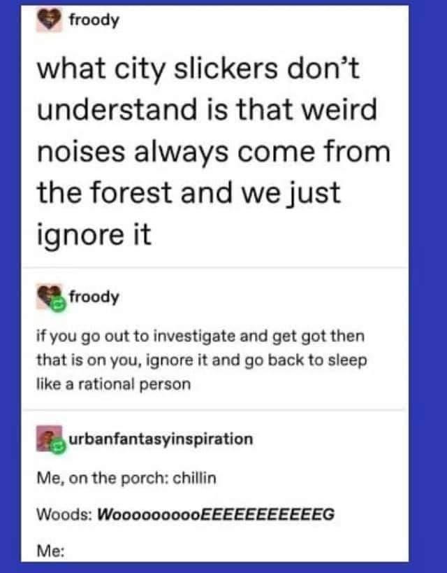 froody what city slickers dont understand is that weird noises always come from the forest and we just ignore it froody if you go out to investigate and get got then that is on you ignore it and go back to sleep like a rational person urbanfantasyinspiratiun Me on the porch chillin Woods Woo0000000EEEEEEEEEEEG Me