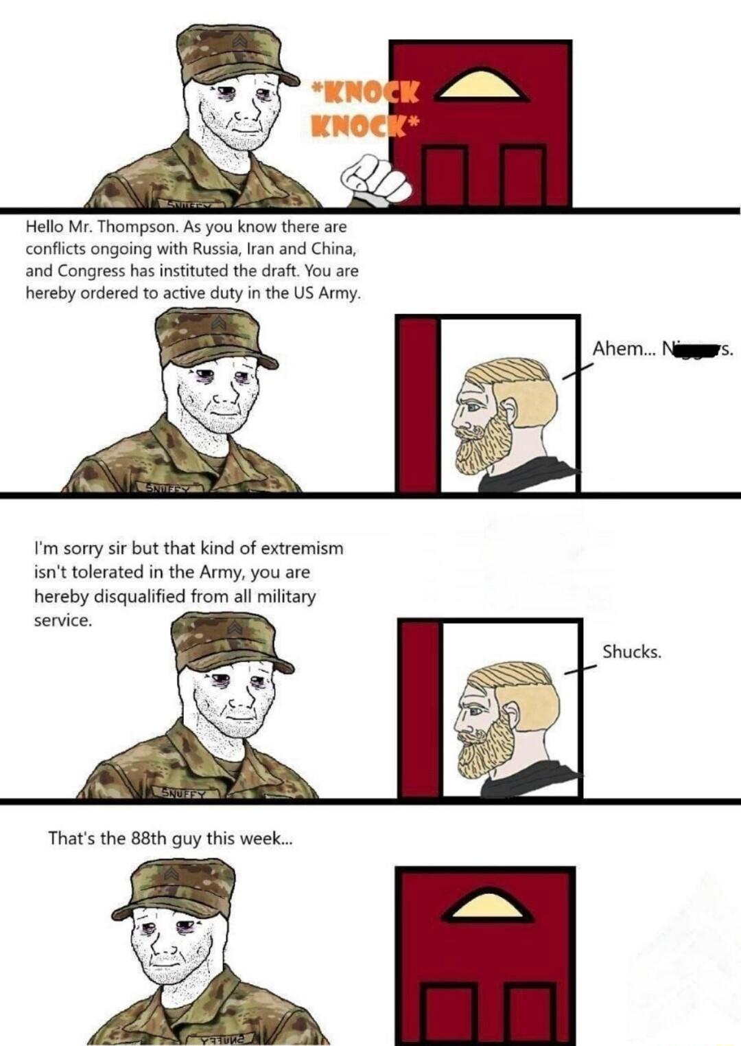 el Mr Thompson As you know there are conflcts angaing with Russs ran and Chin and Congress hs institted the draft You are hereby ordered o active uty in the US Army m sory ir but that kind of extremism isnt tolrated n the Army you are hereby disqualified from al miltary Thats the 83th guy this week
