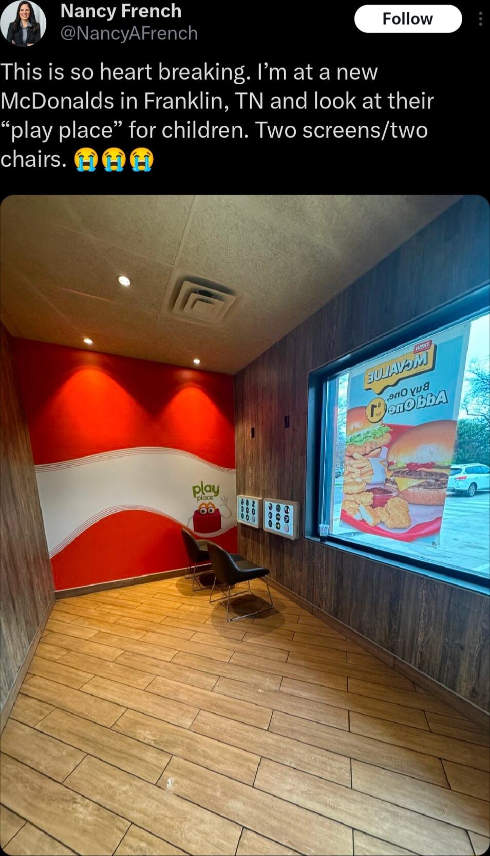 Nancy French NancyAFrench This is so heart breaking Im at a new McDonalds in Franklin TN and look at their play place for children Two screenstwo ETENC T 1