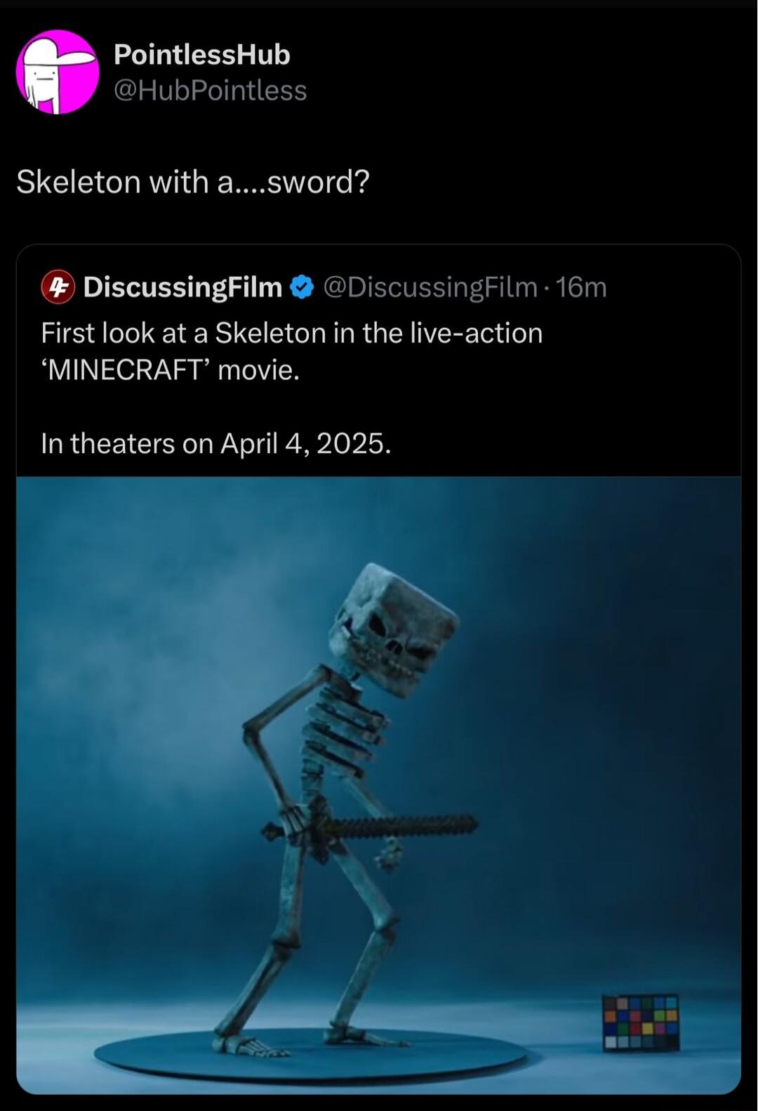 PointlessHub HubPointless RICEGCHEVIGE R DiscussingFilm DiscussingFilm 16m First look at a Skeleton in the live action MINECRAFT movie In theaters on April 4 2025