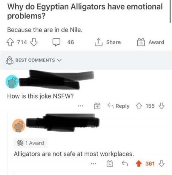 Why do Egyptian Alligators have emotional problems? Because they are in the Nile. How is this joke NSFW? Alligators are not safe at most workplaces.