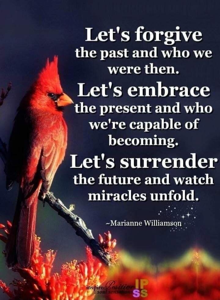 Let's forgive the past and who we were then. Let's embrace the present and who we're capable of becoming. Let's surrender the future and watch miracles unfold. ~Marianne Williamson
