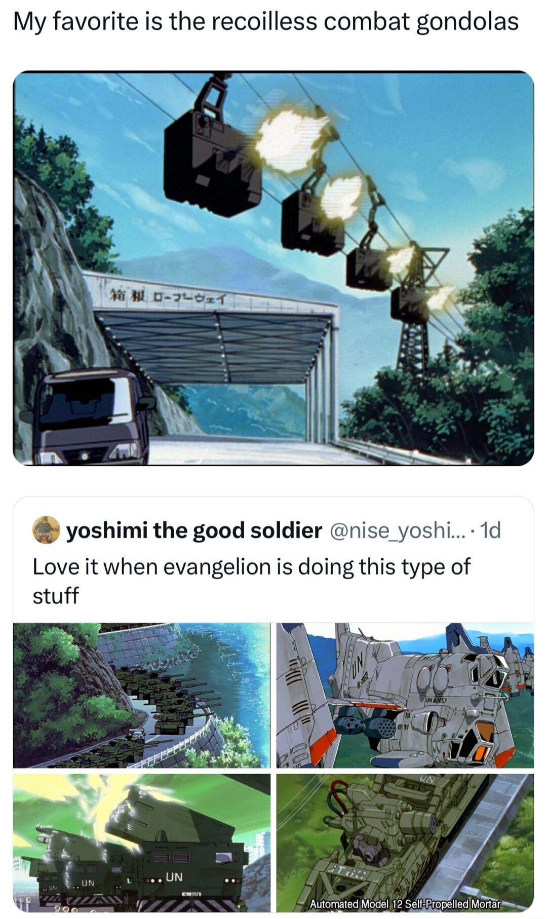 My favorite is the recoilless combat gondolas yoshimi the good soldier nise_yoshi 1d Love it when evangelion is doing this type of stuff