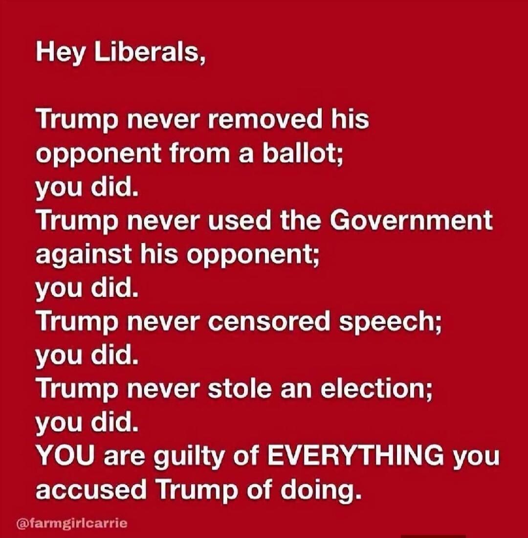 Hey Liberals, Trump never removed his opponent from a ballot; you did. Trump never used the Government against his opponent; you did. Trump never censored speech; you did. Trump never stole an election; you did. YOU are guilty of EVERYTHING you accused Trump of doing.