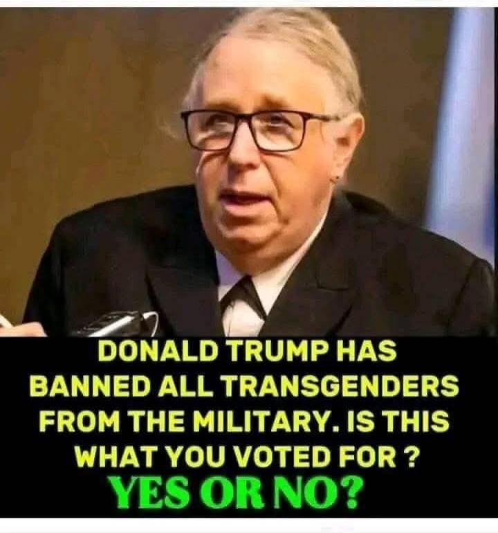 DONALD TRUMP HAS BANNED ALL TRANSGENDERS FROM THE MILITARY. IS THIS WHAT YOU VOTED FOR? YES OR NO?