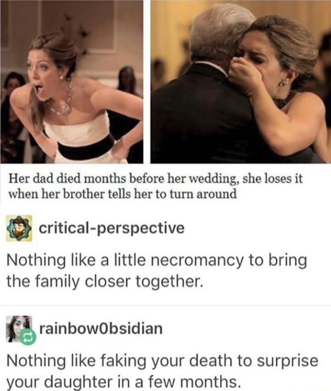 Her dad died months before her wedding she loses it when her brother tells her to turn around critical perspective Nothing like a little necromancy to bring the family closer together rainbowObsidian Nothing like faking your death to surprise your daughter in a few months