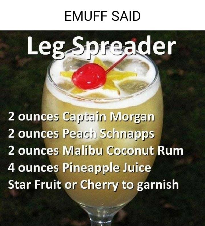 EMUFF SAID Leg Sprgader 2 ouncesiCapte 2 ounces Pex hpps 2 ounces Malibuicoronut Rum 4 ounces PineappleJuice Star Fruit or Cherry to garnish N