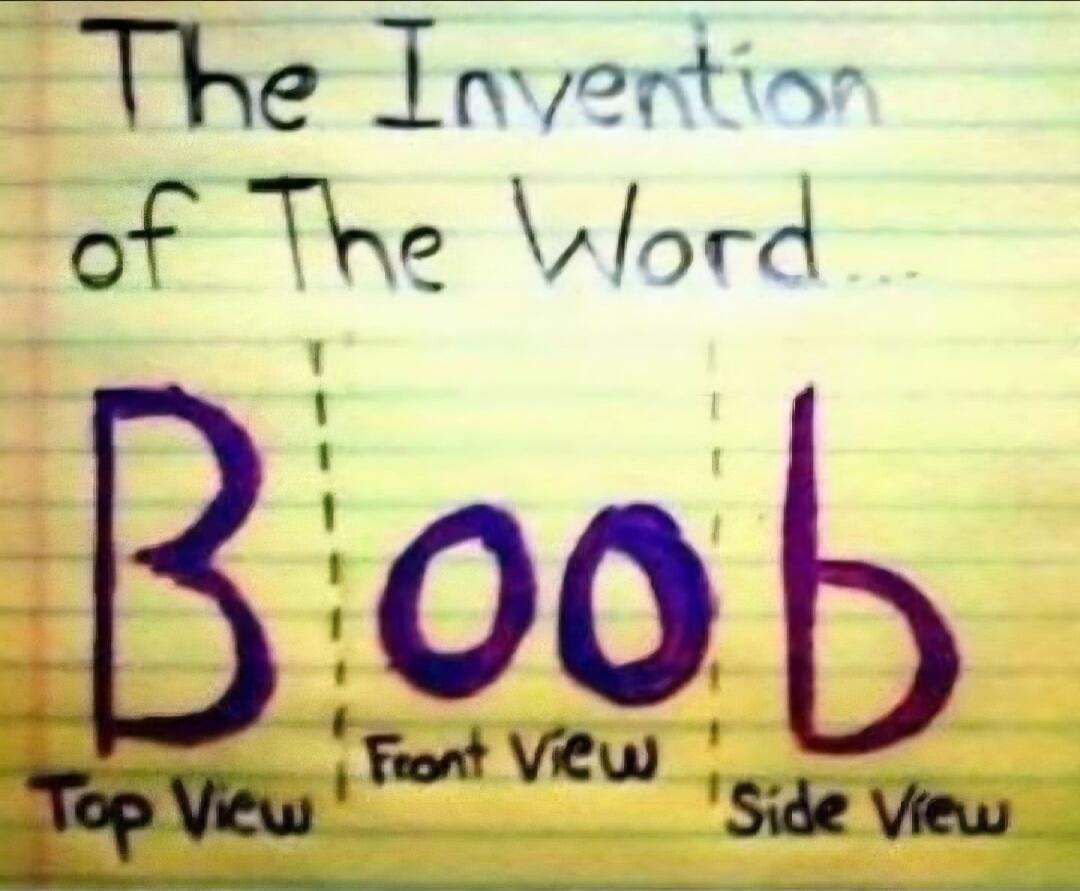 The Invention of The Word... Boob. Top View, Front View, Side View.