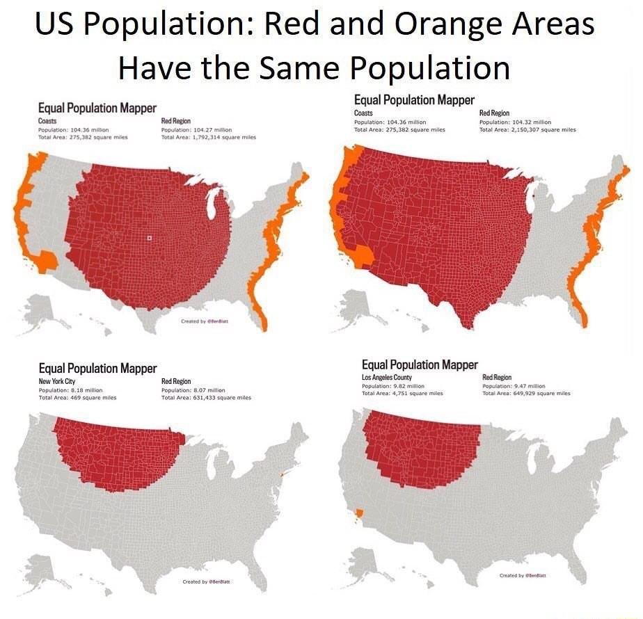 US Population Red and Orange Areas Have the Same Population oot e st Pt Moo oo oger w W