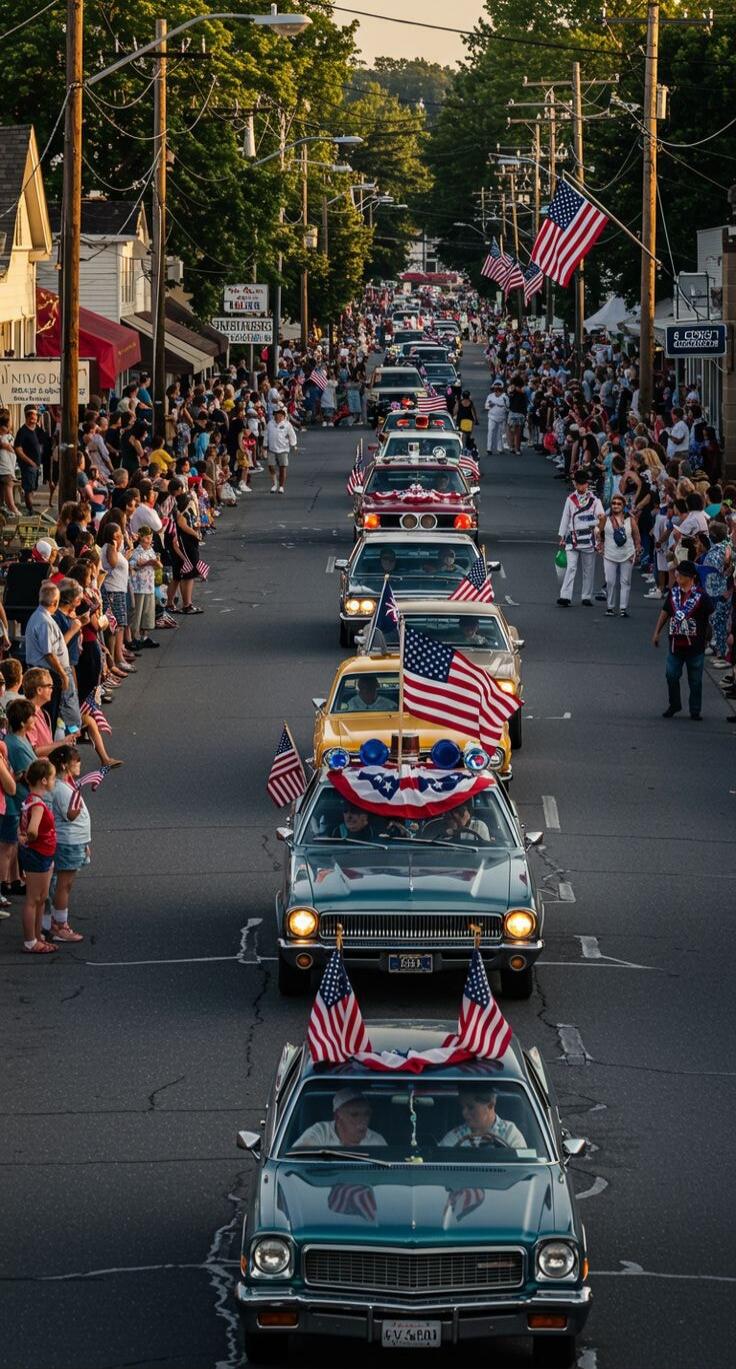A parade of classic cars decorated with American flags and patriotic bunting, driving down a street lined with spectators.