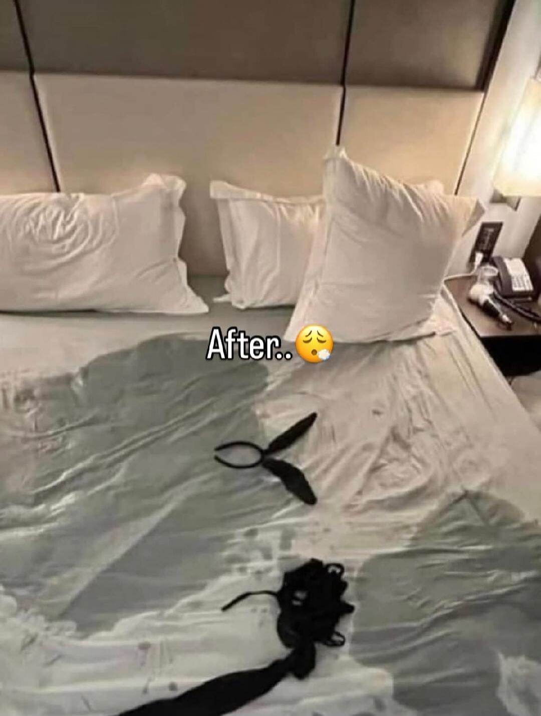 After.. 😮 (image shows a bed with white sheets, a pair of scissors and some clothing laid out on the bed)