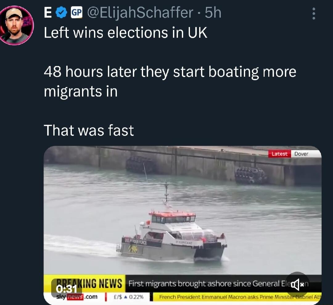 E ELlijahSchaffer 5h Leftwins CETHEIRIV 48 hours later they start boating more migrants in RLEIAVERERER