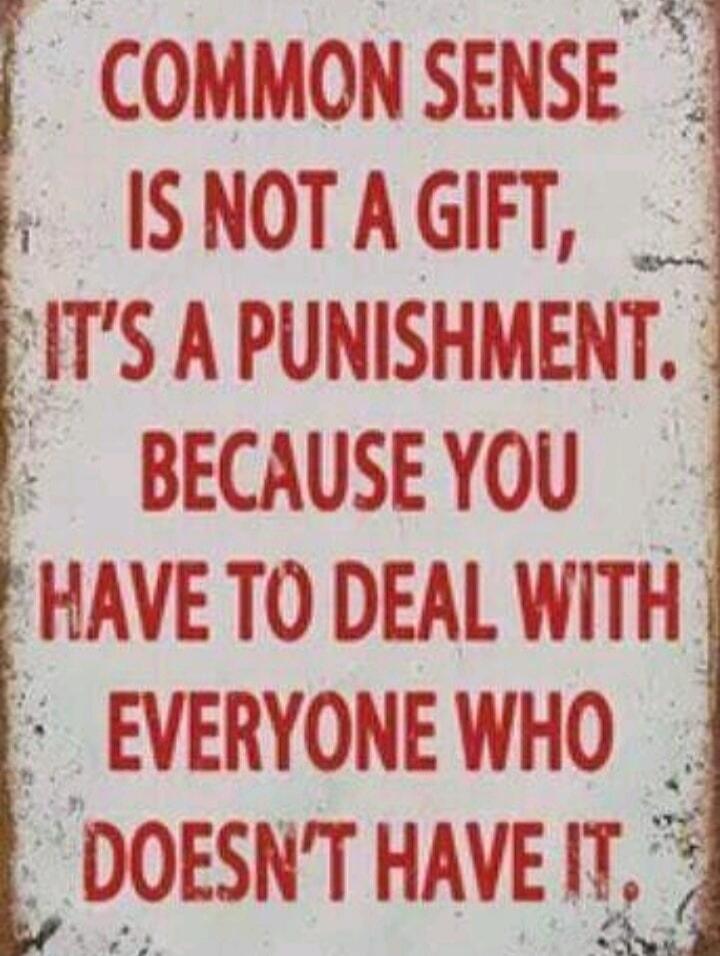 COMMON SENSE IS NOT A GIFT, IT'S A PUNISHMENT. BECAUSE YOU HAVE TO DEAL WITH EVERYONE WHO DOESN'T HAVE IT.