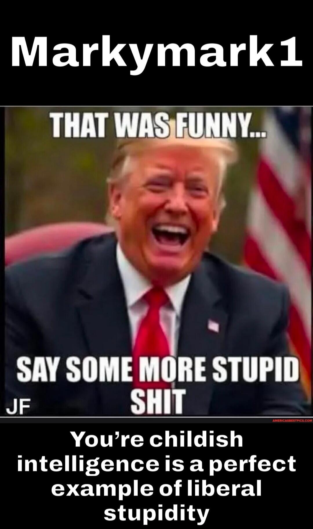 Markymark1 THAT WAS FUNNY... SAY SOME MORE STUPID SHIT You're childish intelligence is a perfect example of liberal stupidity