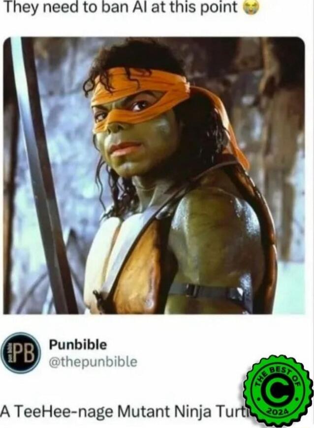 They need to ban AI at this point 😒
A TeeHee-nage Mutant Ninja Turtle