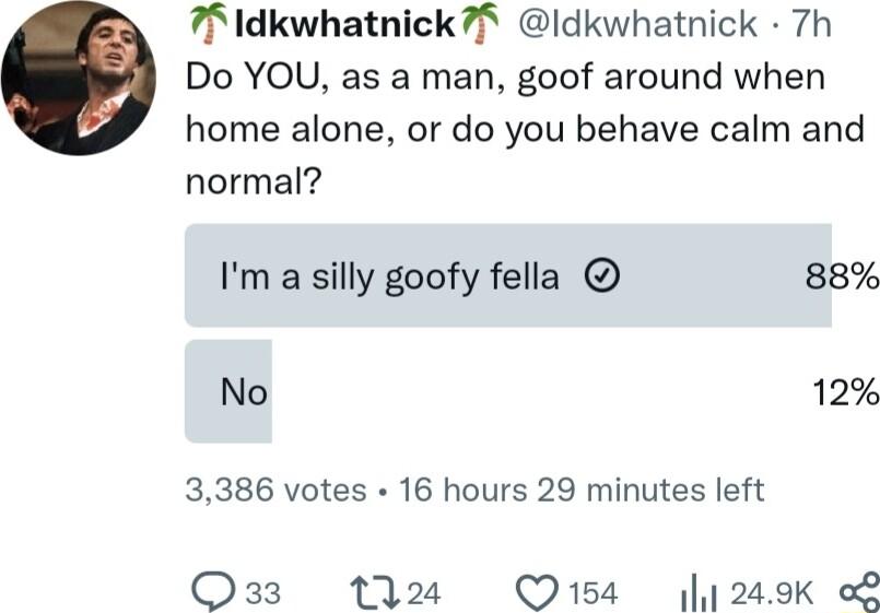 7 Idkwhatnick 7 Idkwhatnick 7h Do YOU as a man goof around when home alone or do you behave calm and normal Im a silly goofy fella 88 No 12 3386 votes 16 hours 29 minutes left O3 1122 Oi1sa 249k o8