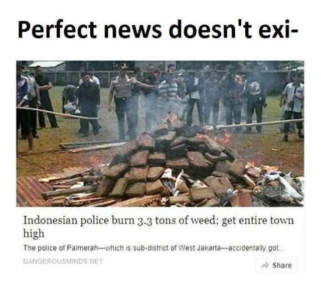 Perfect news doesnt exi Indonesian police burn 33 tons of weed get entire town high The police of Palmerahhich is sub district of West Jakartaaccidentally got Share