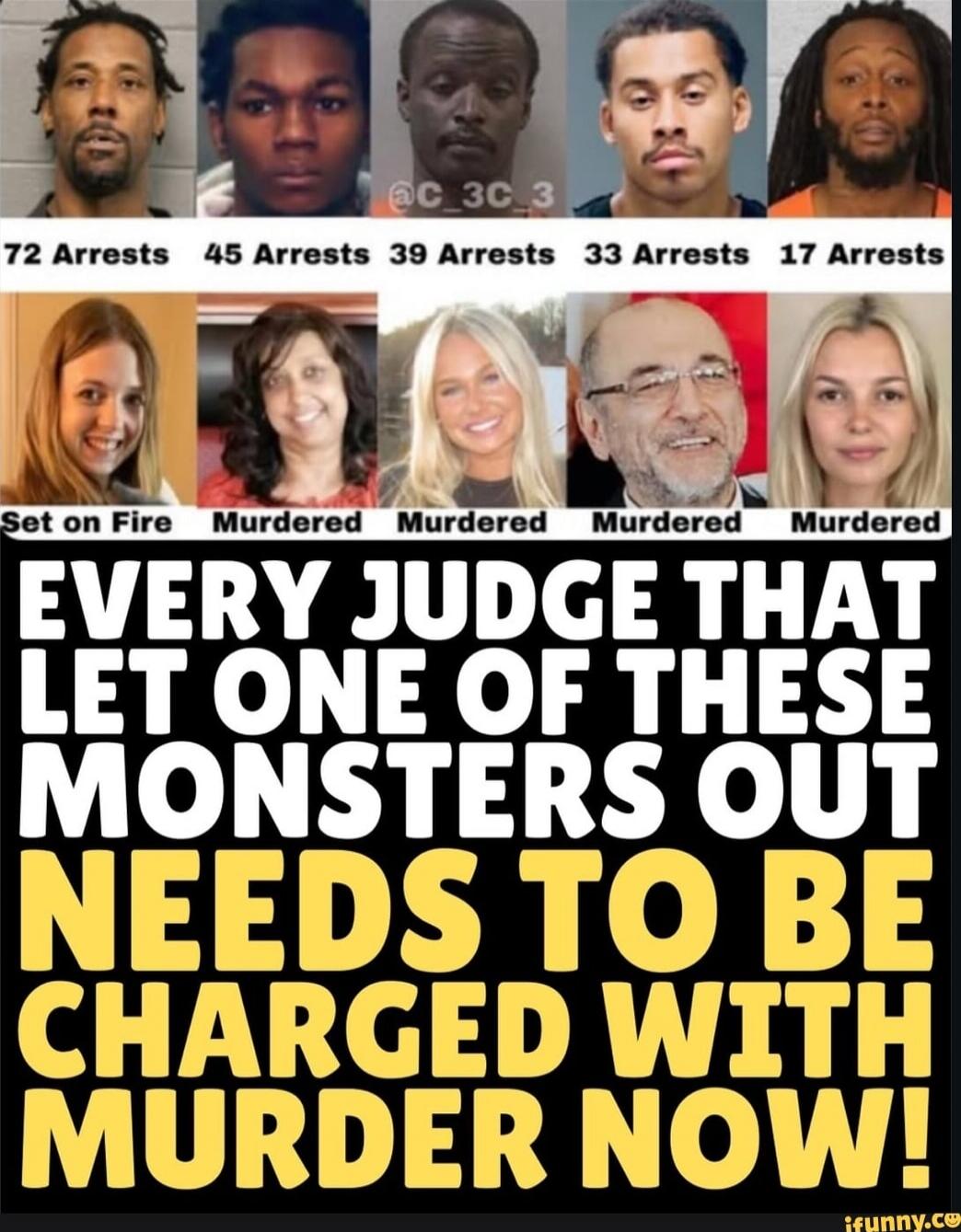 72 Arrests 45 Arrests 39 Arrests 33 Arrests 17 Arrests Set on Fire Murdered Murdered Murdered Murdered EVERY JUDGE THAT LET ONE OF THESE MONSTERS OUT NEEDS TO BE CHARGED WITH MURDER NOW!