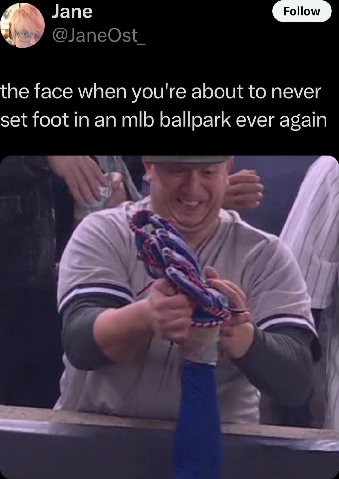 Jane ELE the face when youre about to never set foot in an mlb ballpark ever again