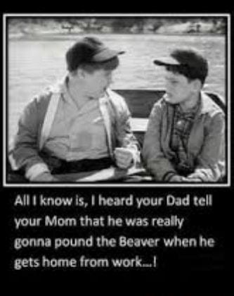 Al know is heard your Dad tell your Mom that he was really gonna pound the Beaver when he gets home from work