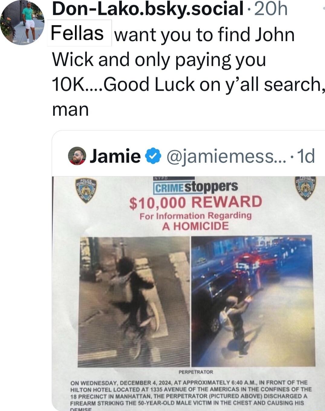 Don Lakobskysocial 20h Fellas want you to find John Wick and only paying you 10KGood Luck on yall search man Jamie jamiemess 1d Gincstoppers 10000 REWARD STRING THE 5 TEAROLD RALE VTS THE CHESY AND CAUSNG HE