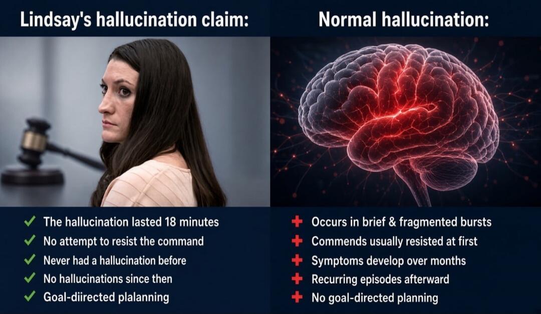 Lindsay's hallucination claim: Normal hallucination: The hallucination lasted 18 minutes. No attempt to resist the command. Never had a hallucination before. No hallucinations since then. Goal-directed planning. Occurs in brief & fragmented bursts. Commands usually resisted at first. Symptoms develop over months. Recurring episodes afterward. No go
