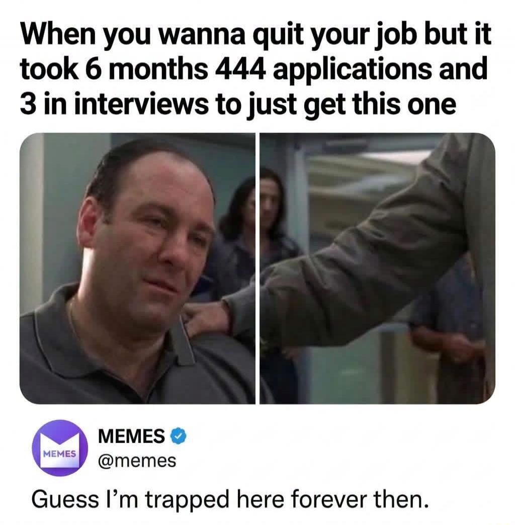 When you wanna quit your job but it took 6 months 444 applications and 3 in interviews to just get this one. Guess I'm trapped here forever then.