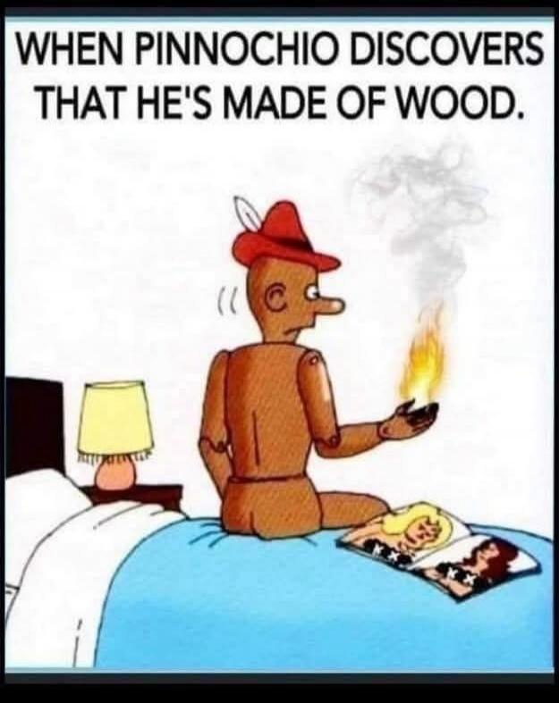 WHEN PINNOCHIO DISCOVERS THAT HE'S MADE OF WOOD.