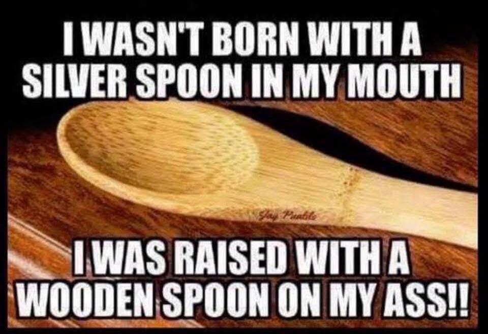 I WASN'T BORN WITH A SILVER SPOON IN MY MOUTH I WAS RAISED WITH A WOODEN SPOON ON MY ASS!!