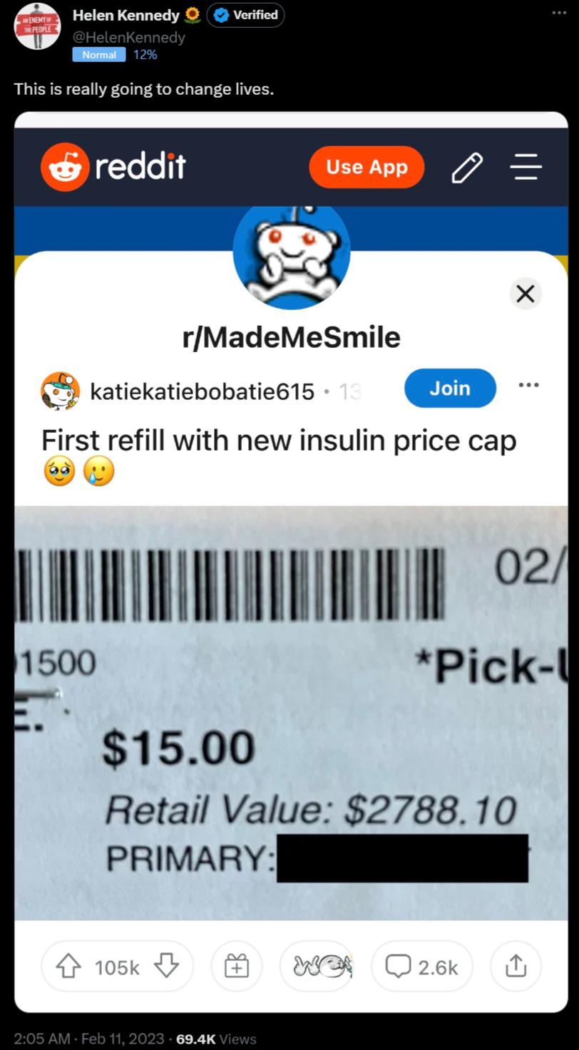 Helen Kennedy O Verified Mo This s really going to change fives reddit rMadeMeSmile Katiekatiebobatie615 First refill with new insulin price cap Qo NIMININIIHHIHINI Pick 1500 Retail Value 278810 privARY