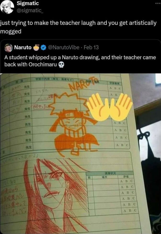 Astudent whipped up a Naruto drawing and their teacher came back with Orochimaru