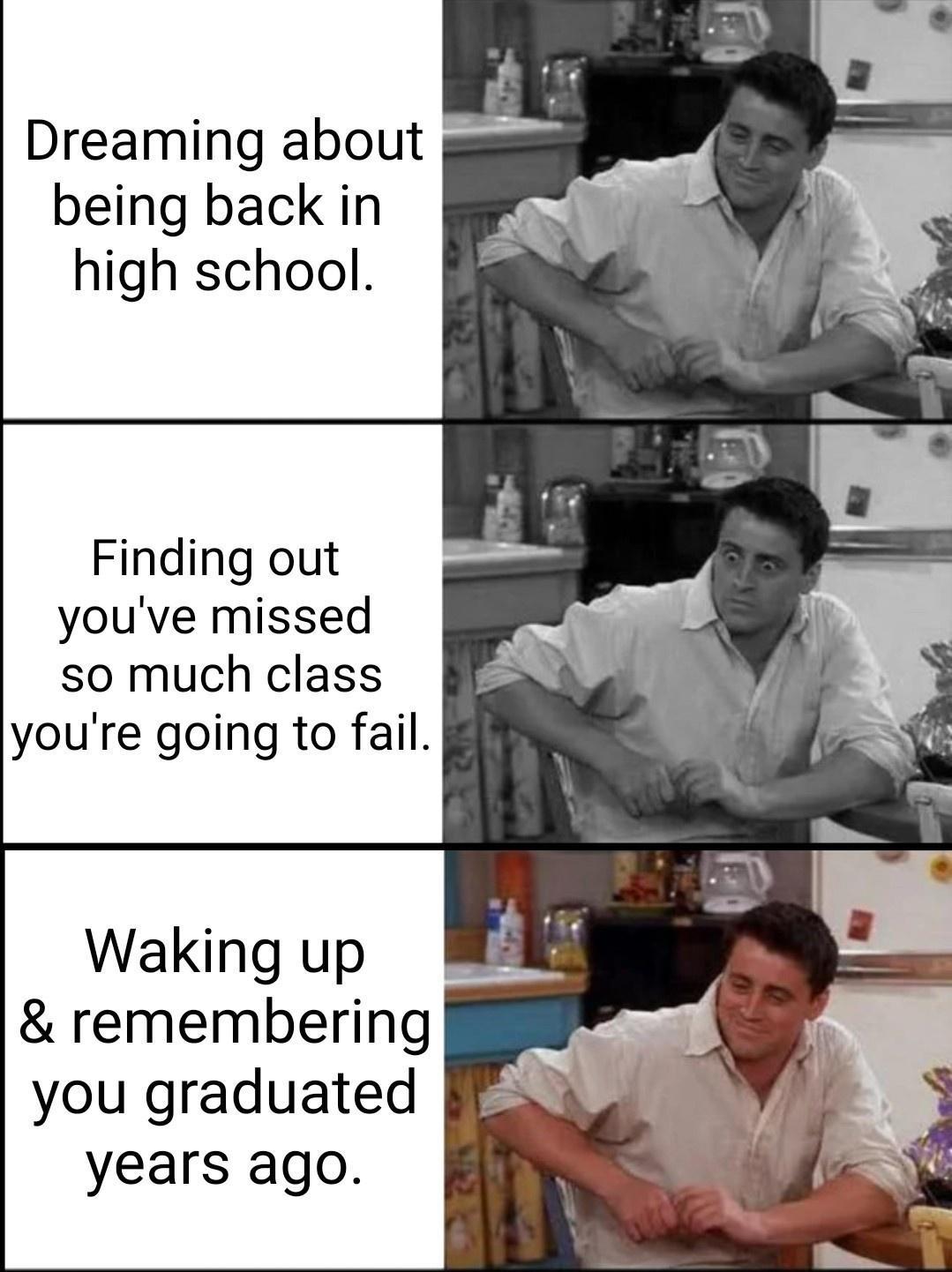 Dreaming about being back in high school Finding out youve missed so much class youre going to fail Waking up remembering you graduated years ago