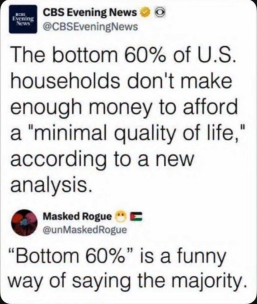 The bottom 60% of U.S. households don't make enough money to afford a 'minimal quality of life,' according to a new analysis. 'Bottom 60%' is a funny way of saying the majority.