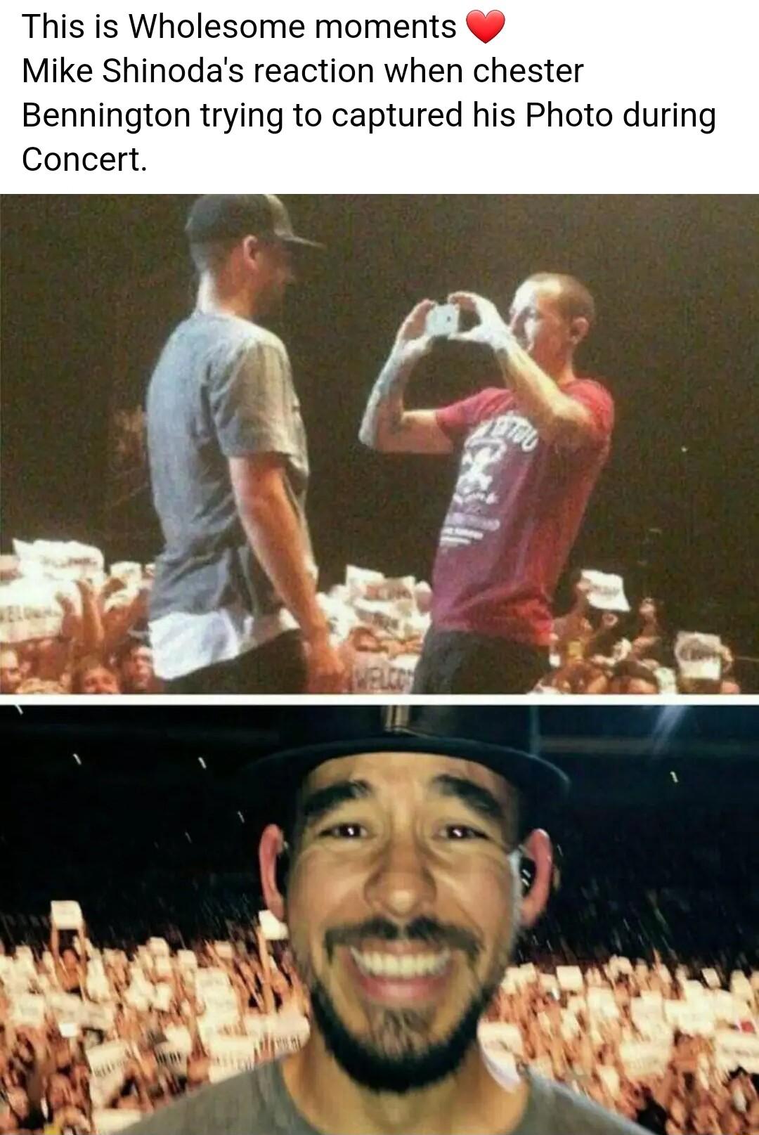 This is Wholesome moments Mike Shinodas reaction when chester Bennington trying to captured his Photo during Concert