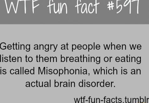 ML RS Getting angry at people when we isten to them breathing or eating is called Misophonia which is an actual brain disorder wtf fun facts tumblr