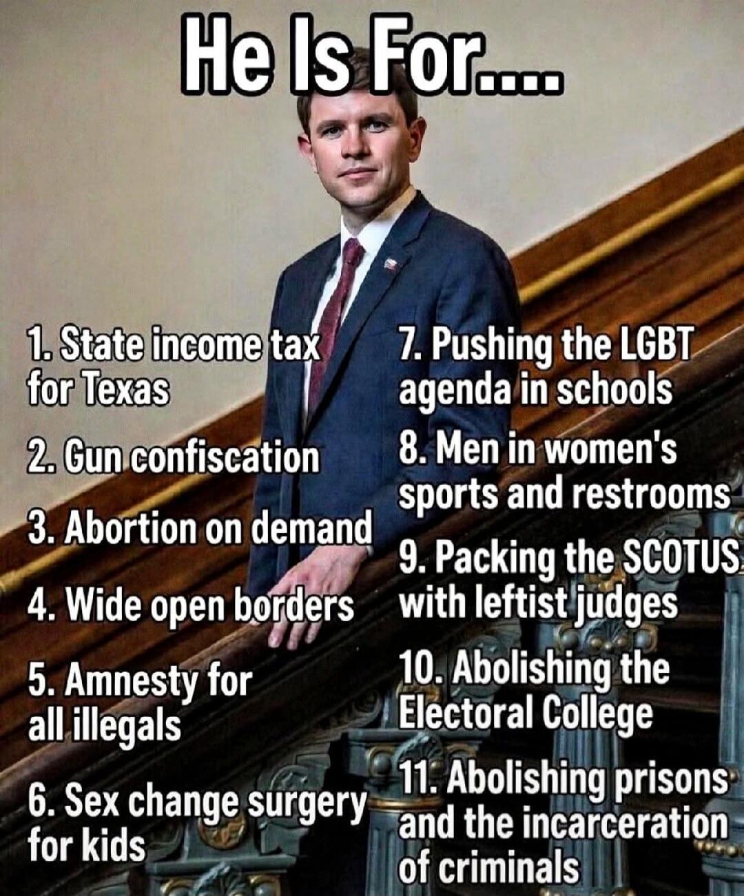 He Is For.... 1. State income tax for Texas 2. Gun confiscation 3. Abortion on demand 4. Wide open borders 5. Amnesty for all illegals 6. Sex change surgery for kids 7. Pushing the LGBT agenda in schools 8. Men in women's sports and restrooms 9. Packing the SCOTUS with leftist judges 10. Abolishing the Electoral College 11. Abolishing prisons and t