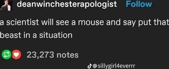 y deanwinchesterapologist Follow a scientist will see a mouse and say put that LR LRIV o 23273 notes Jsillygirldeverrr