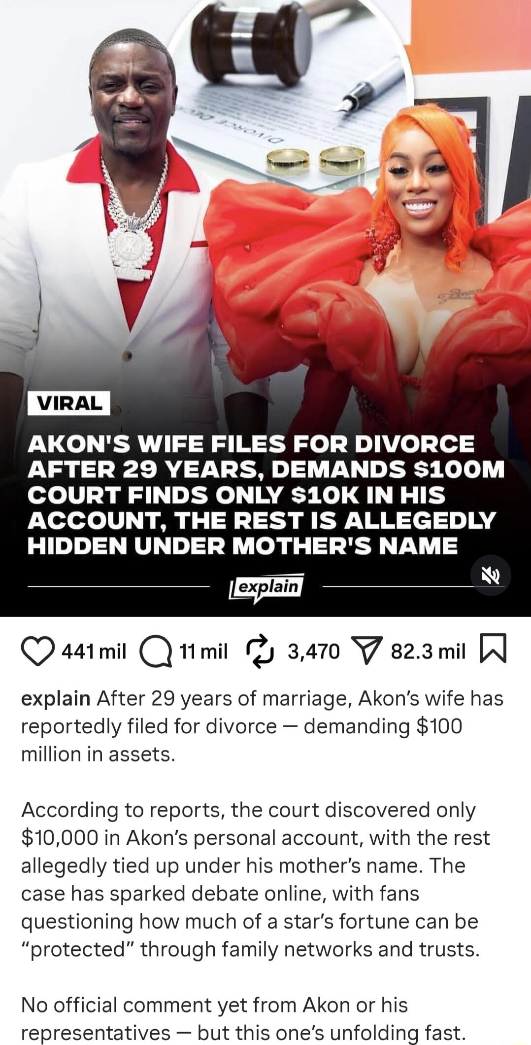 VIRAL AKON'S WIFE FILES FOR DIVORCE AFTER 29 YEARS, DEMANDS $100M COURT FINDS ONLY $10K IN HIS ACCOUNT, THE REST IS ALLEGEDLY HIDDEN UNDER MOTHER'S NAME

explain After 29 years of marriage, Akon's wife has reportedly filed for divorce — demanding $100 million in assets.

According to reports, the court discovered only $10,000 in Akon's personal acc