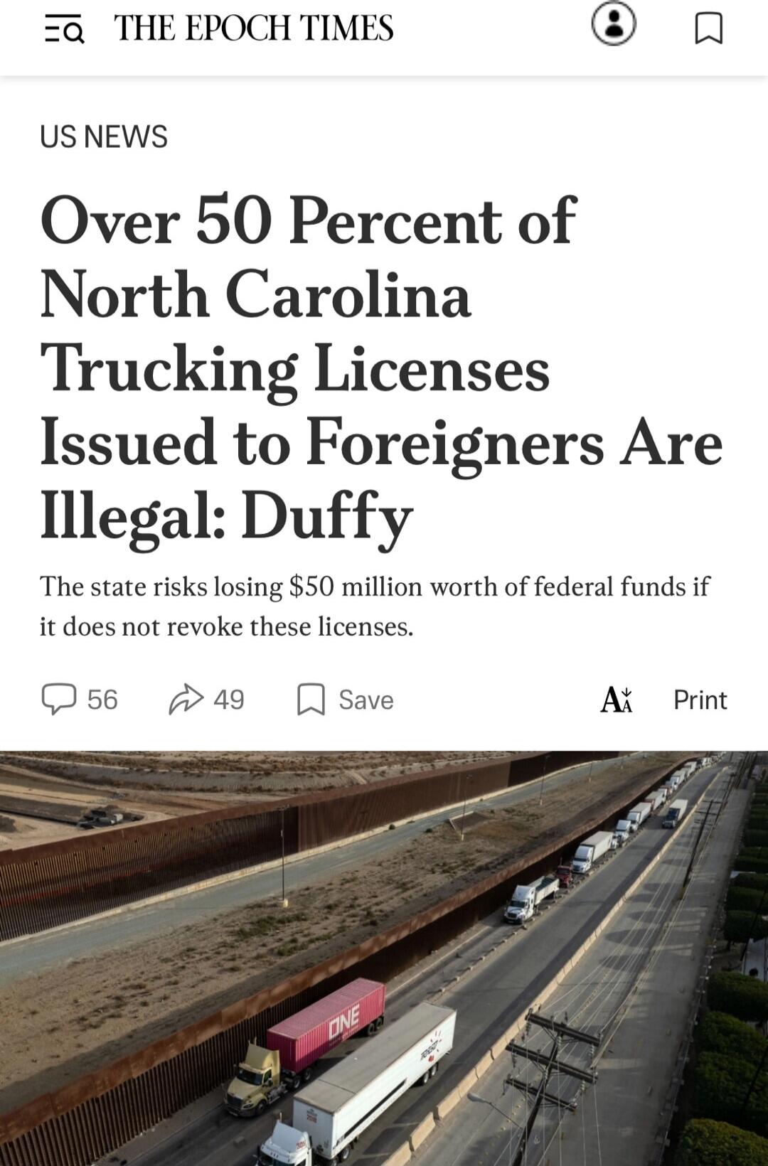 Over 50 Percent of North Carolina Trucking Licenses Issued to Foreigners Are Illegal: Duffy
The state risks losing $50 million worth of federal funds if it does not revoke these licenses.