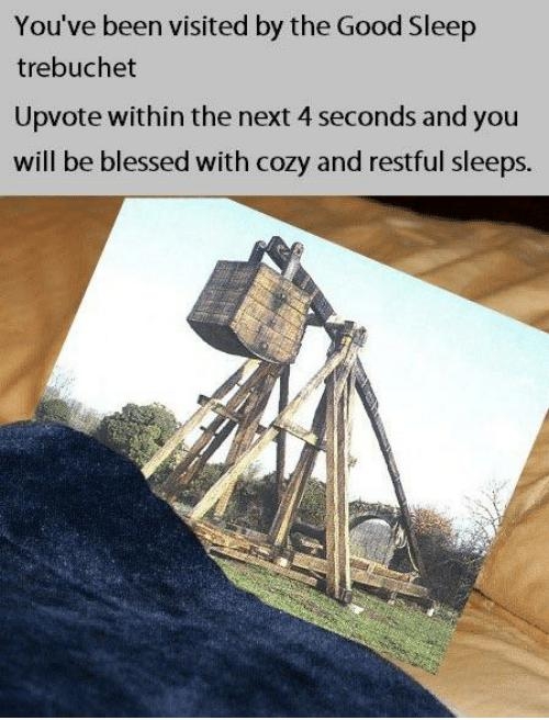 Youve been visited by the Good Sleep trebuchet Upvote within the next 4 seconds and you will be blessed with cozy and restful sleeps