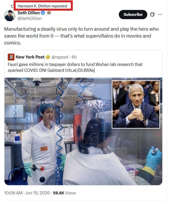 Harmeet K. Dhillon reposted Seth Dillon's tweet. Seth Dillon states: 'Manufacturing a deadly virus only to turn around and play the hero who saves the world from it — that's what supervillains do in movies and comics.' Below this, a New York Post article is shared, stating: 'Fauci gave millions in taxpayer dollars to fund Wuhan lab research that sp